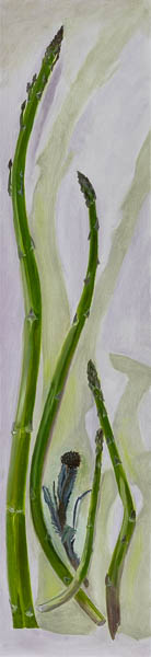 Green and purple oil painting of giant asparagus and purple sprouting brocolli and shadows