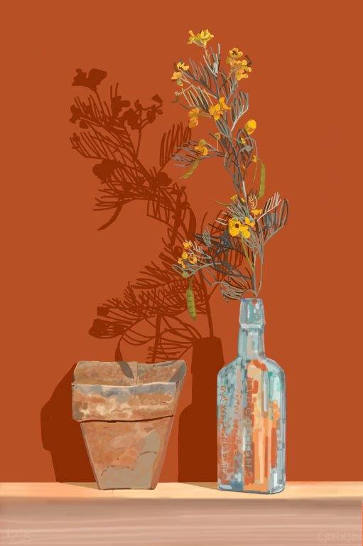 Digital still life drawing of Found blue encrusted old bottle with sprig of cassia with yellow flowers and found metal object against oxide background and cast shadows