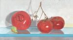 Caroline Johnson Adelaide Hills Artist 2020’s Last Homegrown Tomatoes 1 Oil on Board 9 x 5 inches Fresh tomatoes on glass shelf