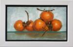 Caroline Johnson Adelaide Hills Artist Persimmon Party Oil on Board 9 x 5 inches 6 Persimmons on Glass shelf