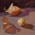 Caroline Johnson Oil Painting two onions and an onion skin, intersting shadows on purple grey background.