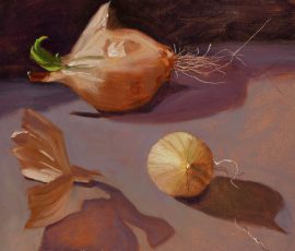 Caroline Johnson Oil Painting two onions and an onion skin, intersting shadows on purple grey background.