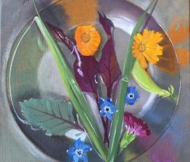 Caroline Johnson's Oil painting. Silver bowl containing water, Borage flowers, spring onion, carnation, leaves and flowers in water with reflections.
