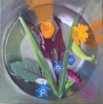 Caroline Johnson's Oil painting. Silver bowl containing water, Borage flowers, spring onion, carnation, leaves and flowers in water with reflections.