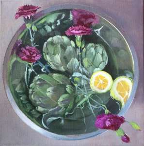 Caroline Johnson's Oil painting. Silver bowl of water, lemon, artechokes, carnations with reflections around the edge