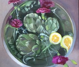 Caroline Johnson's Oil painting. Silver bowl of water, lemon, artechokes, carnations with reflections around the edge