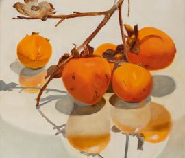 Caroline Johnson Artist Oil Painting, bunch of persimmons suspended in pool of light over glass with reflections and shadows