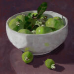 Caroline Johnson Artist Oil Painting, feijoa fruit, feijoa flowers and leaves in white bowl, two feijoas outside bowl with shadows on purple cloth.