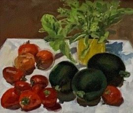 Caroline Johnson's oil painting. Summer vegetables on white platter. Gem squash, tomatoes, chilli and basil.