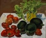 Caroline Johnson's oil painting. Summer vegetables on white platter. Gem squash, tomatoes, chilli and basil.