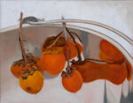 Caroline Johnson's oil painting. Orange persimmons suspended over edge of silver bucket with reflections. Interesting reflections.