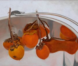 Caroline Johnson's oil painting. Orange persimmons suspended over edge of silver bucket with reflections. Interesting reflections.