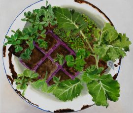 Caroline Johnson oil painting, vegetable seedlings in purple punnet in large rusty enamel bowl. Snow peas, coriander and kale seedlings