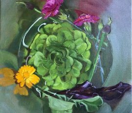 Caroline Johnson Artist Oil Painting, lambs lettuce, calendula, salad leaves and edible flowers in water. reflections