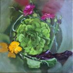 Caroline Johnson Artist Oil Painting, lambs lettuce, calendula, salad leaves and edible flowers in water. reflections