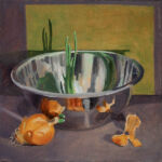 Oil painting of onions next to silver bowl with some leaves, reflections and shadows. Green and purple grey background.