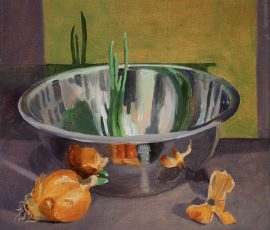 Oil painting of onions next to silver bowl with some leaves, reflections and shadows. Green and purple grey background.