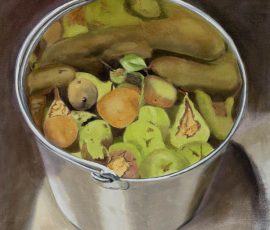 Oil painting, stainless steel bucket full of green pears, some leaves, and their reflections, on grey background.