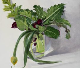 Caroline Johnson Artist,Oil painting of vase of green kale, spring onions, celery and purple beetroot leaves on white foreground with shadows.