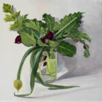 Caroline Johnson Artist,Oil painting of vase of green kale, spring onions, celery and purple beetroot leaves on white foreground with shadows.