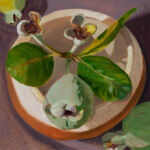 Oil painting. Green feijoas with leaves and two flowers in stoneware pinchpot by Alison McIntyre, with purple grey background.