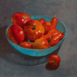 Oil painting. Turquoise glass bowl, luscious homegrown red tomatoes, one tomato is outside bowl on the grey background