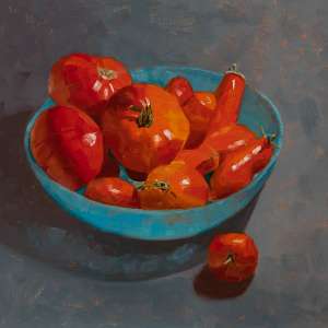 Oil painting. Turquoise glass bowl, luscious homegrown red tomatoes, one tomato is outside bowl on the grey background