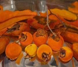 Oil painting of 7 ripe orange persimmons in the bottom of a silver bucket with reflections. Orange is dominant colour