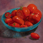 Oil painting. Turquoise glass bowl, luscious homegrown red tomatoes, one tomato is outside bowl on the purple grey background