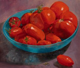 Oil painting. Turquoise glass bowl, luscious homegrown red tomatoes, one tomato is outside bowl on the purple grey background