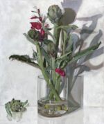 Caroline Johnson's oil painting. Vase of 7 artechokes, carnation and gladiolus with interesting shadows