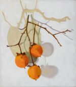 Oil painting of Orange persimmons against white wall with heart shaped shadow on white