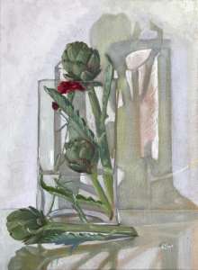 Caroline Johnson oil painting of vase of three globe artechokes with shadows and reflections on white.