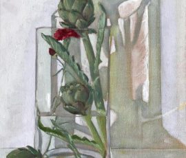 Caroline Johnson oil painting of vase of three globe artechokes with shadows and reflections on white.