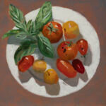 Oil painting. White plate of tomatoes and basil with shadows on purple grey background.
