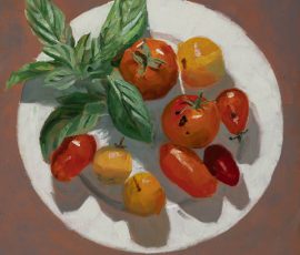 Oil painting. White plate of tomatoes and basil with shadows on purple grey background.