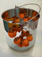 Caroline Johnson's oil painting. Orange persimmons suspended in reflections over edge of silver bucket.