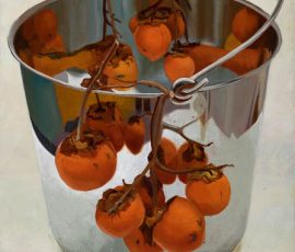 Caroline Johnson's oil painting. Orange persimmons suspended in reflections over edge of silver bucket.