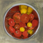 Caroline Johnson Artist Oil Painting, red and yellow tomatoes in silver bowl, reflections. Grey background.