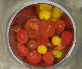 Caroline Johnson Artist Oil Painting, red and yellow tomatoes in silver bowl, reflections. Grey background.