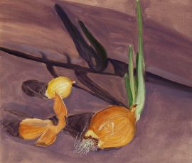 Caroline Johnson Oil painting of home grown onions, green leaves, zig zag shadows. Purple grey background