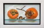 Caroline Johnson Adelaide Hills Artist Persimmon Pair Oil on Board 9 x 5 inch two persimmons on glass shelf