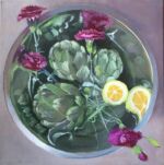Caroline Johnson's Oil painting. Silver bowl of water, lemon, artechokes, carnations with reflections around the edge