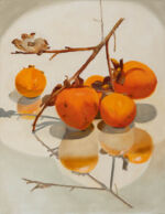 Caroline Johnson Artist Oil Painting, bunch of persimmons suspended in pool of light over glass with reflections and shadows