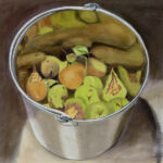 Oil painting, stainless steel bucket full of green pears, some leaves, and their reflections, on grey background.