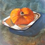 Caroline Johnson Adelaide Hills Artist Nugget pumpkin in enamelware dish Oil on Arches for Huile Paper 19x19cm